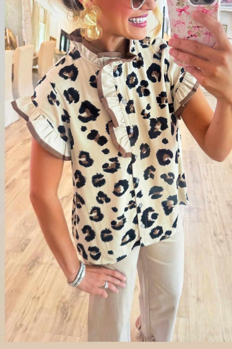 Off White Leopard Pattern Ruffle Neck Top