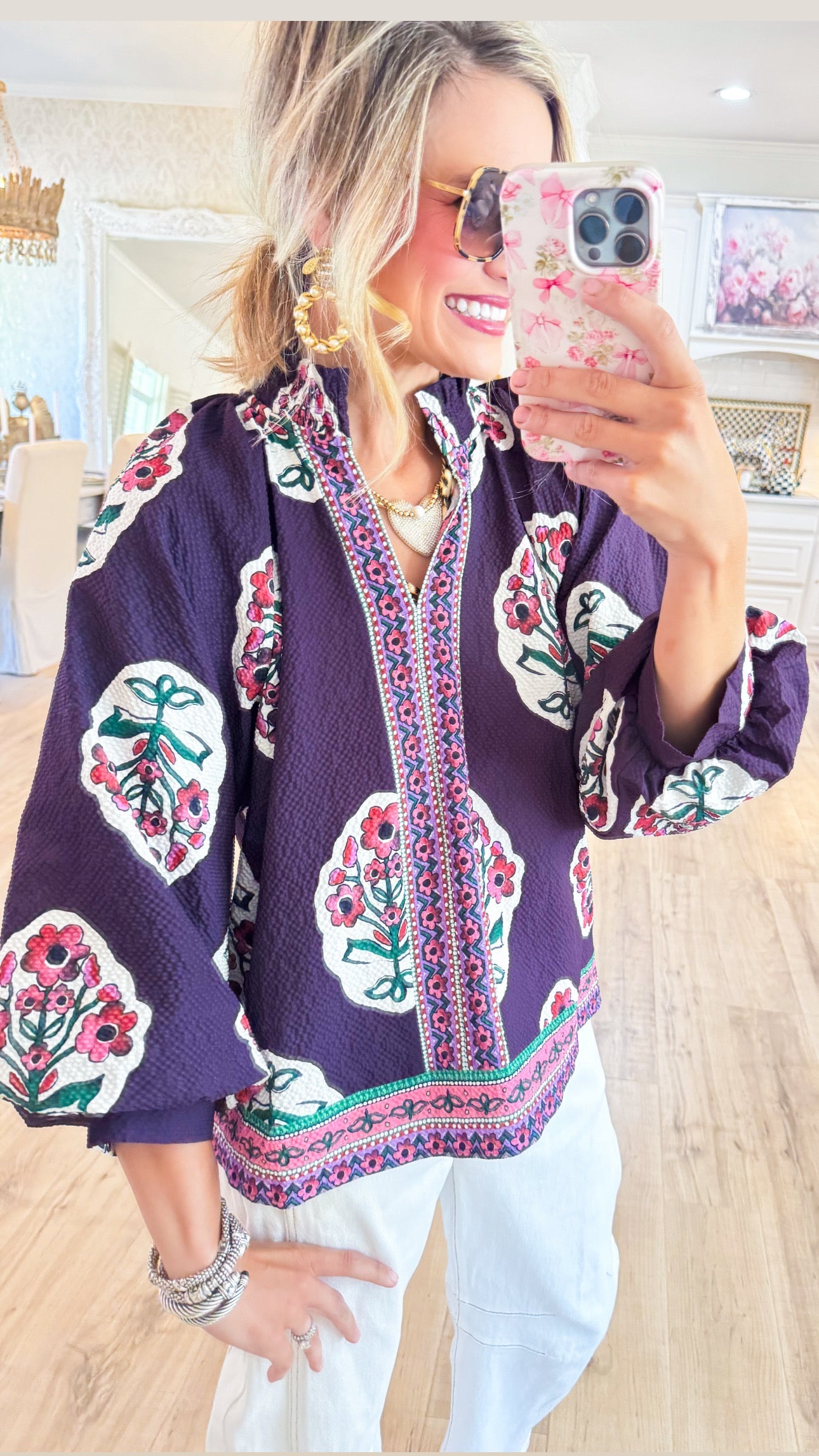 Plum Boho Floral Print Tunic Top
