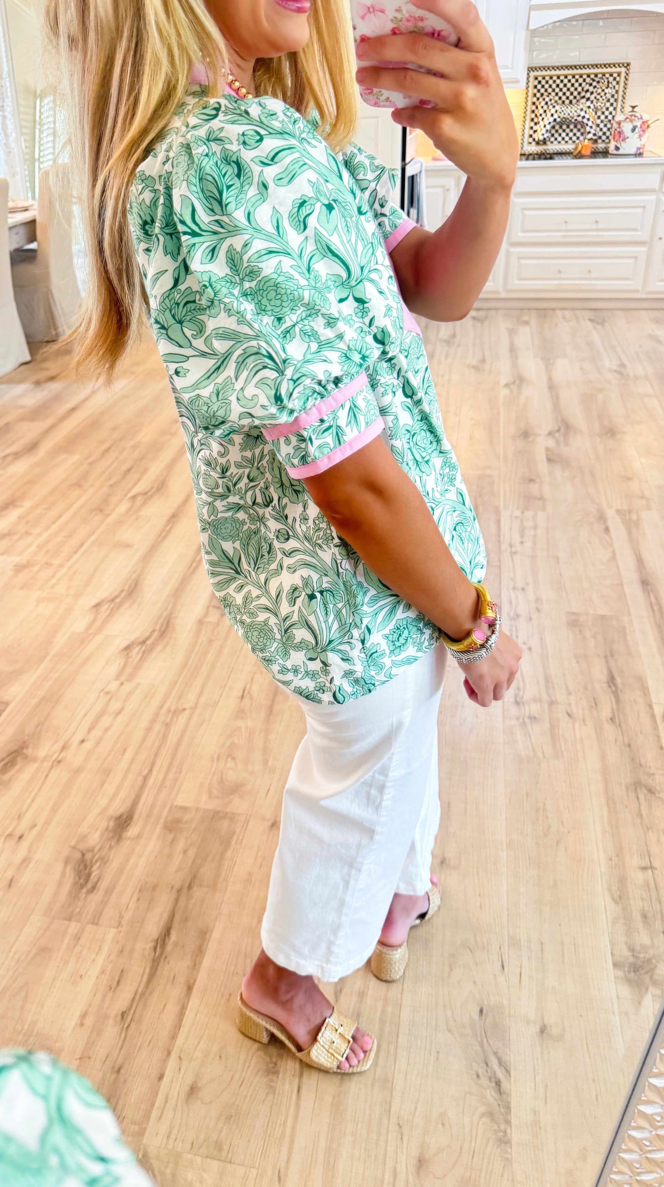 Green Floral Print Contrast Blouse