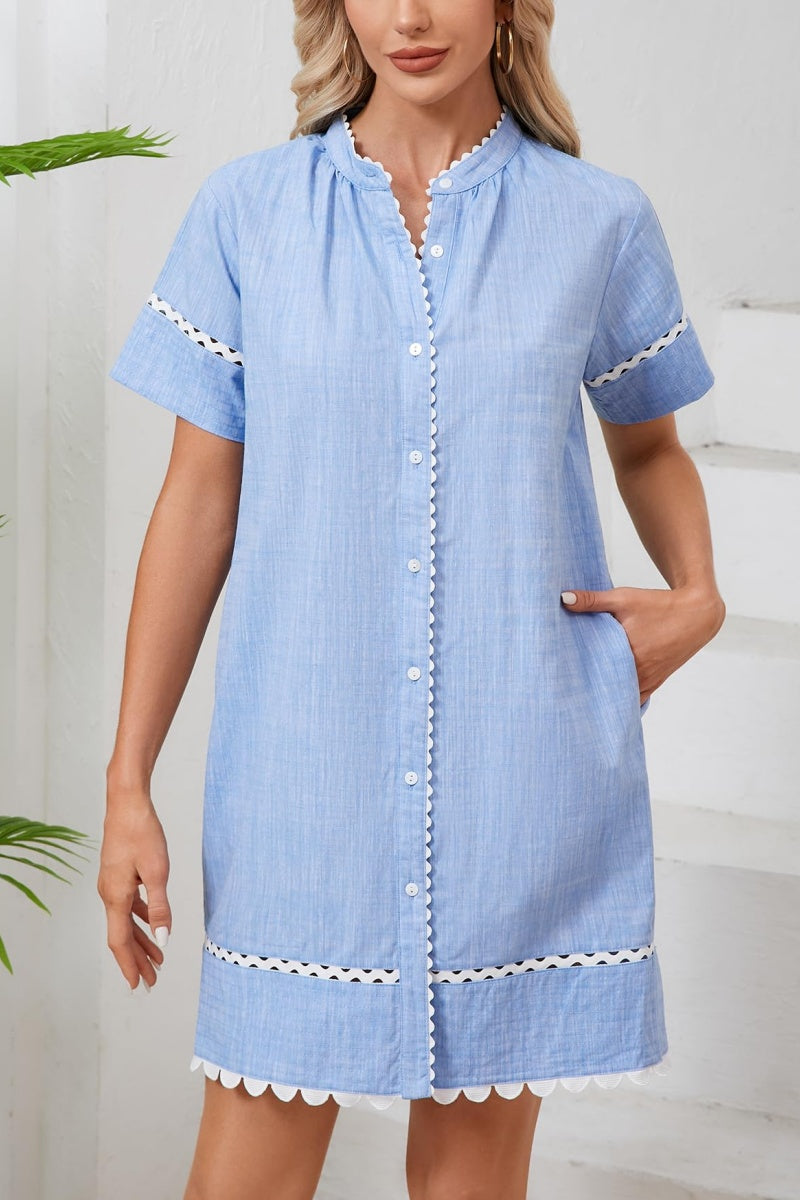Short Sleeve Tie Casual Cotton and Linen Mini Dress