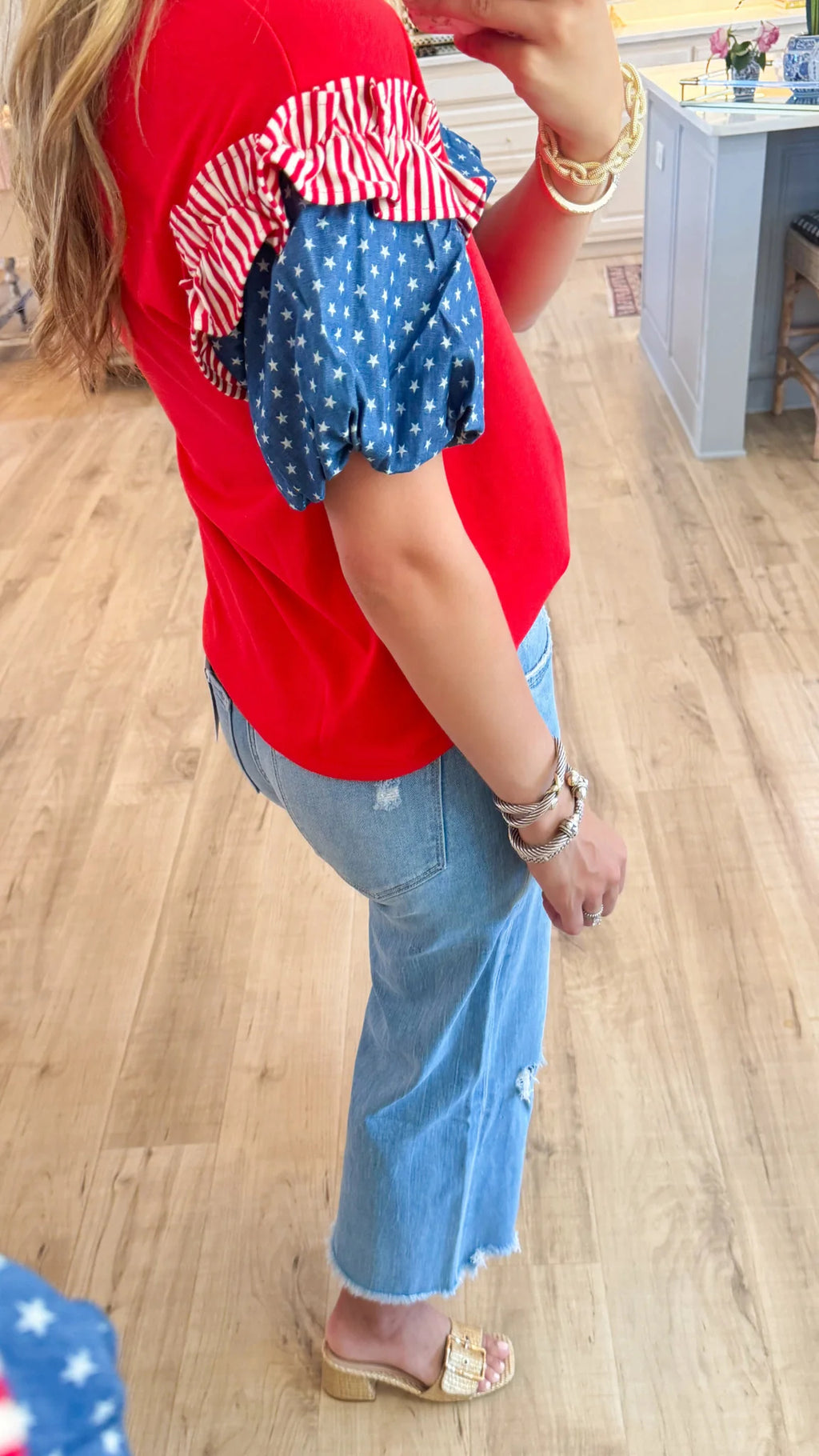 Red Accented Puff Sleeve Top