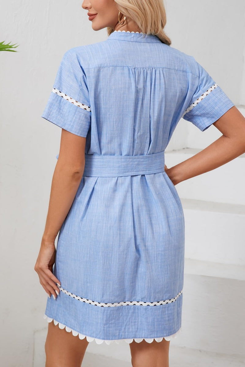 Short Sleeve Tie Casual Cotton and Linen Mini Dress