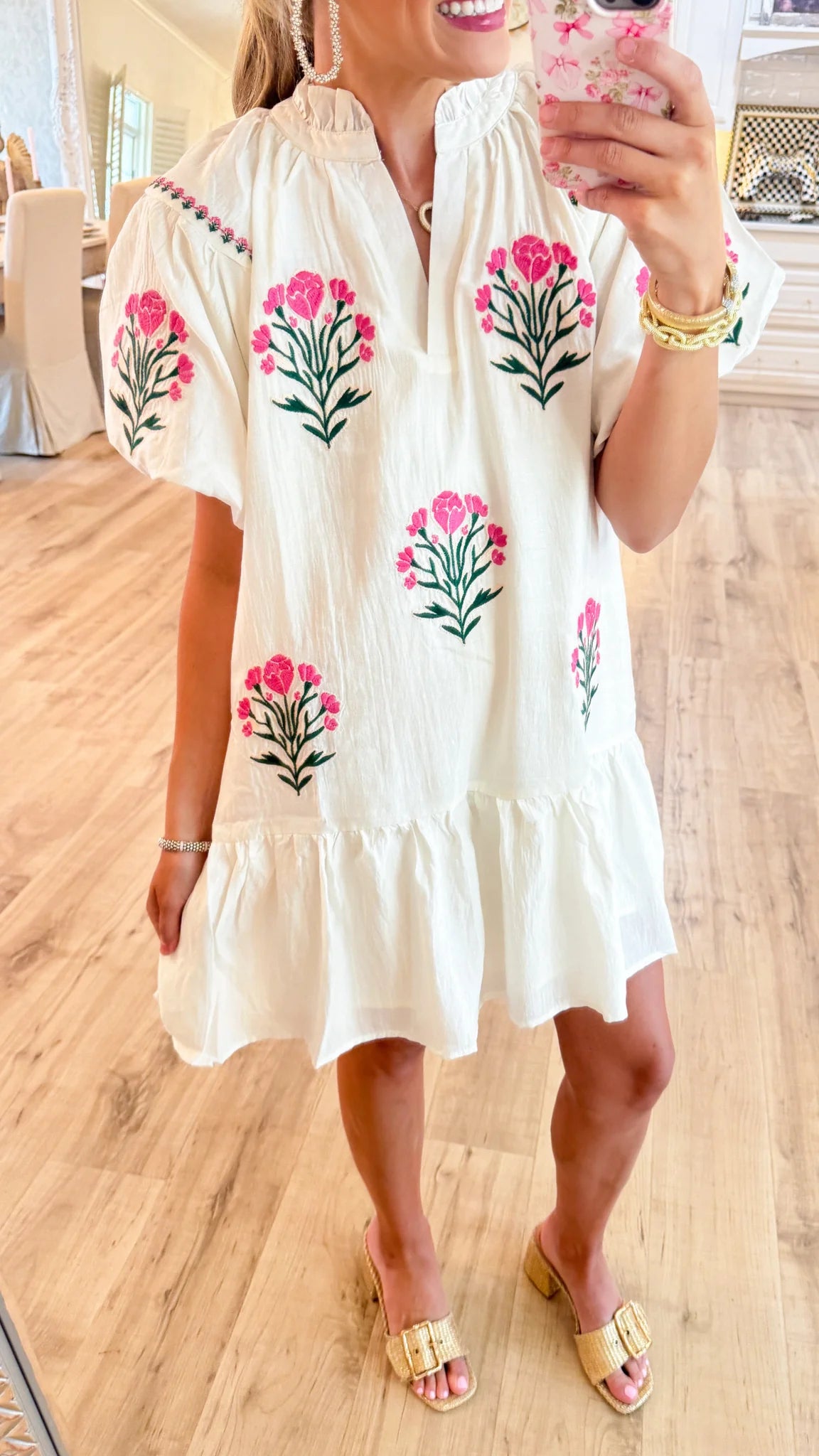 Cream Floral Bubble Sleeve Dress