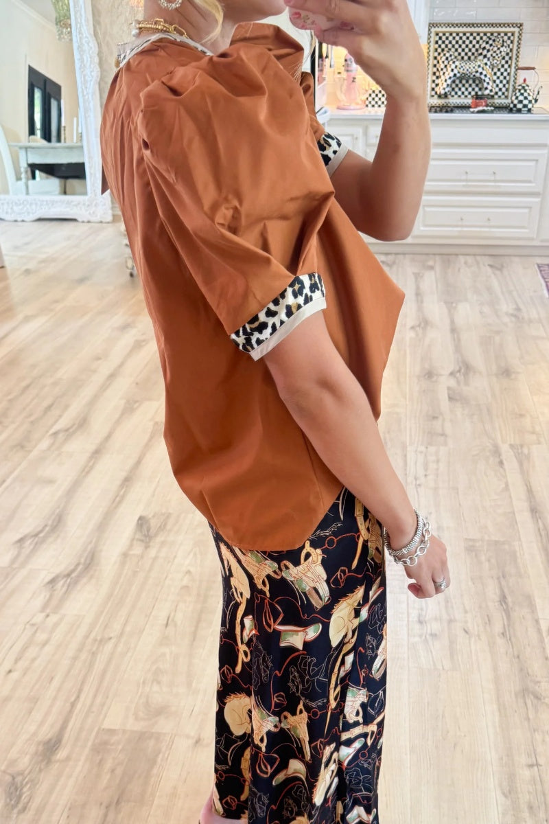 Leopard Contrast Puff Sleeve Top