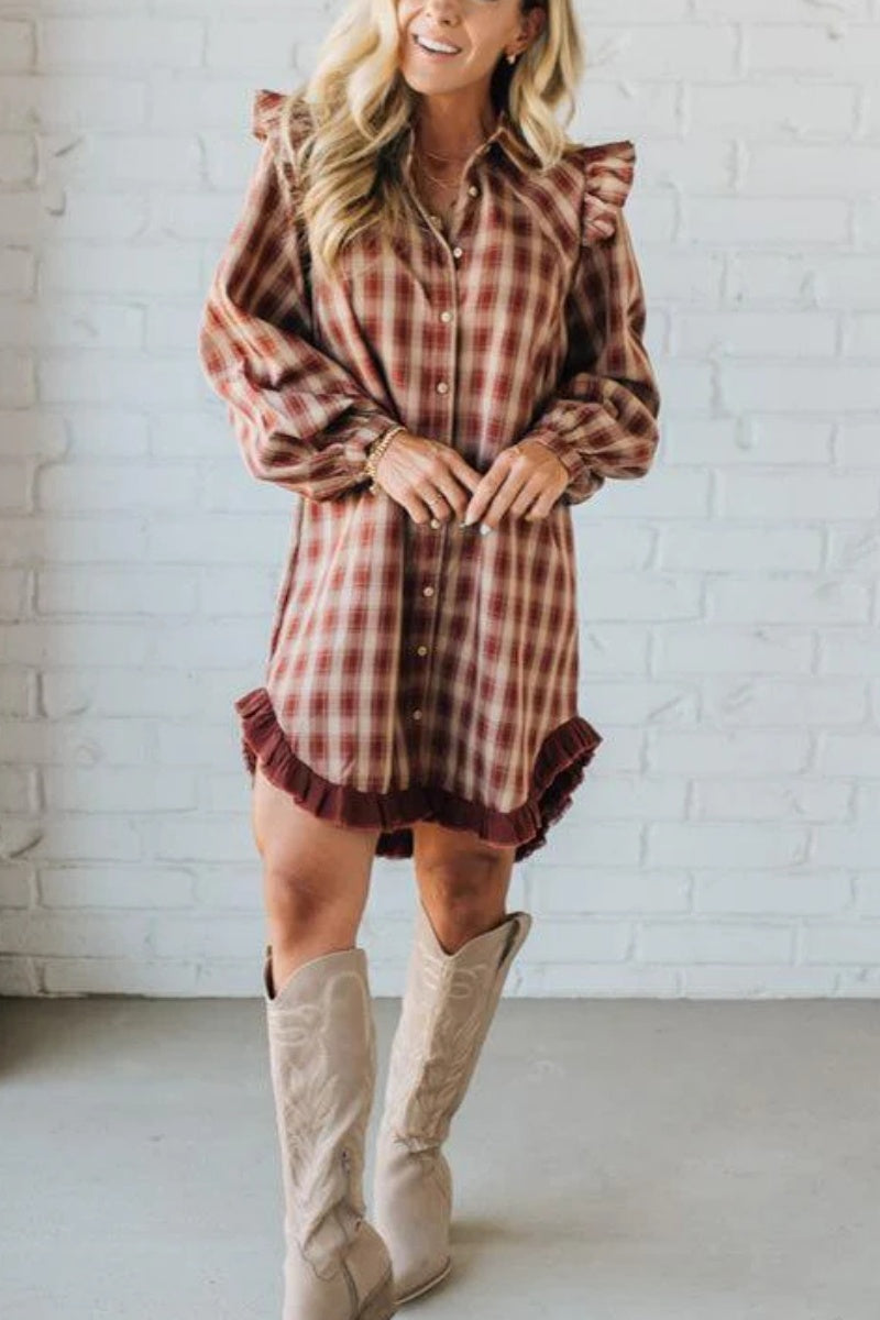 Jonnie Plaid Ruffled Accent Shirt Dress