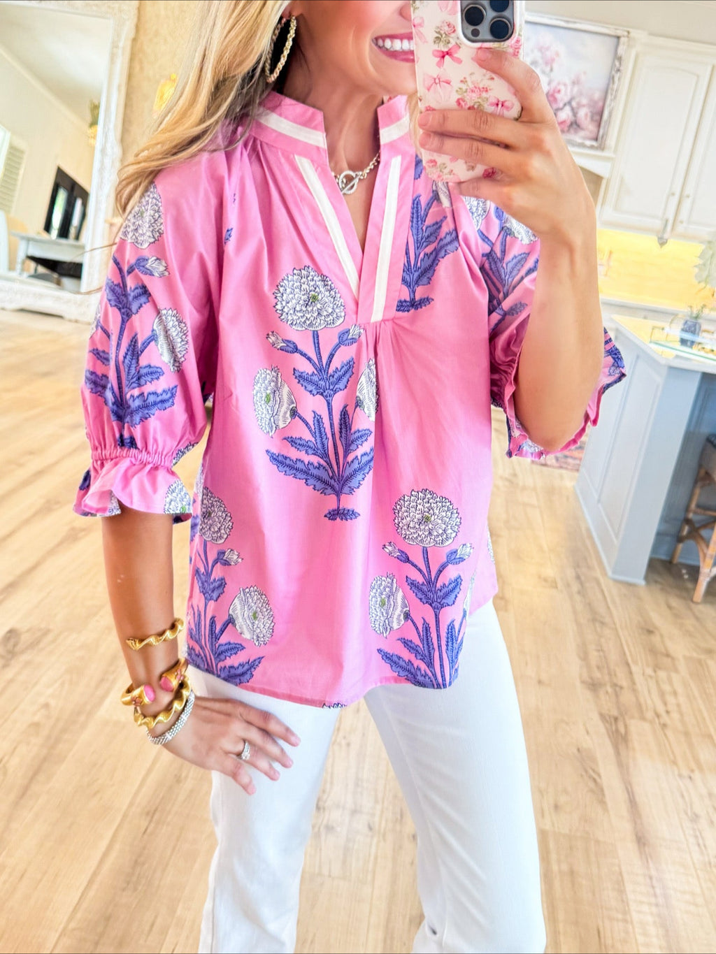 Pink Mix Floral Contrast Binding Top