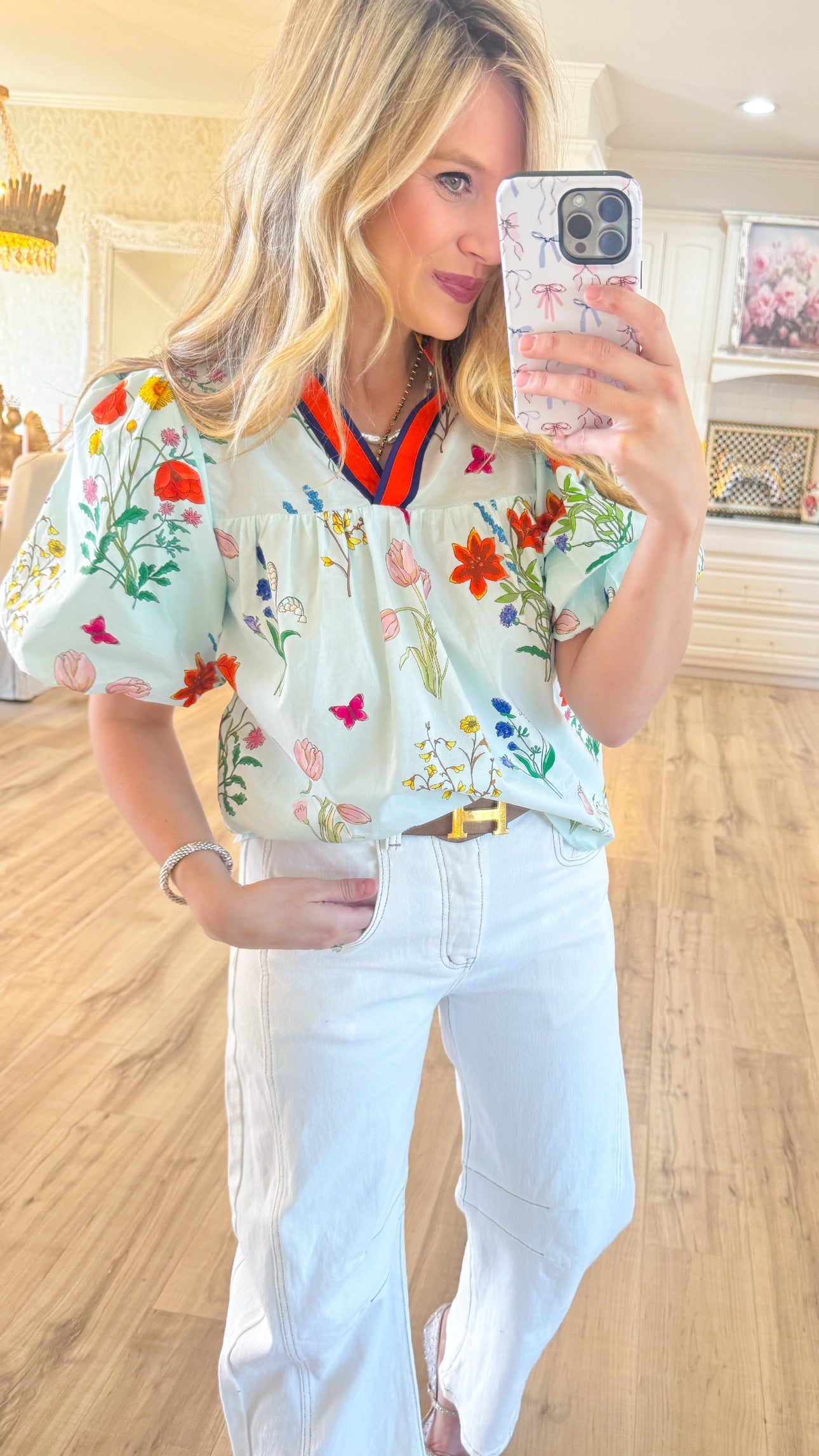 THML Light Blue Floral Puff Sleeve Top
