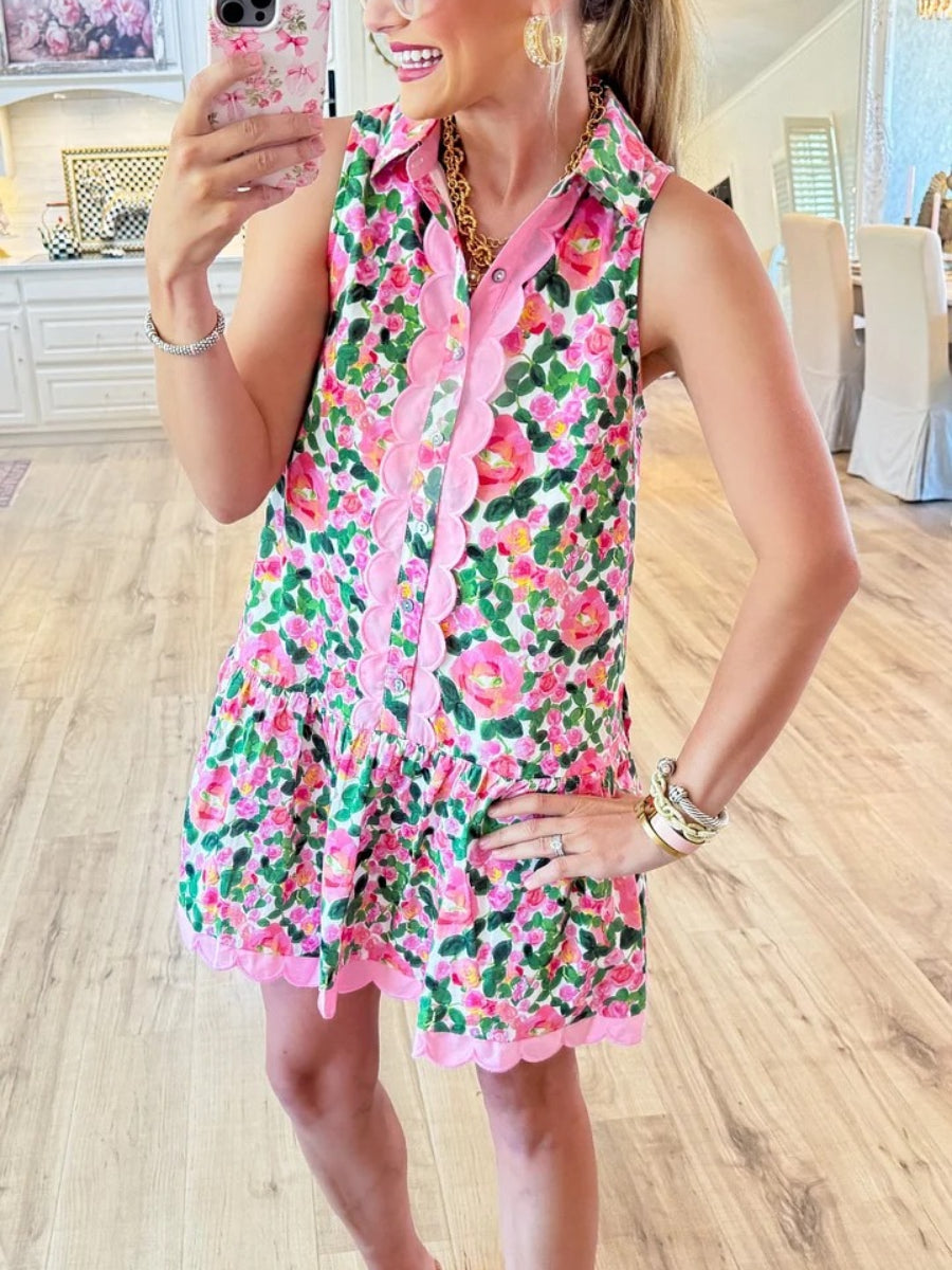 Pink and Green Floral Ric Rac Trim Mini Dress