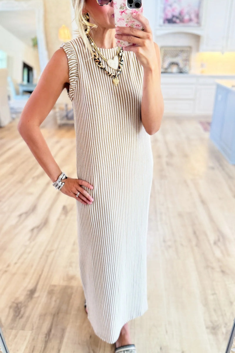 Khaki and Cream Stripe Sleeveless Dress