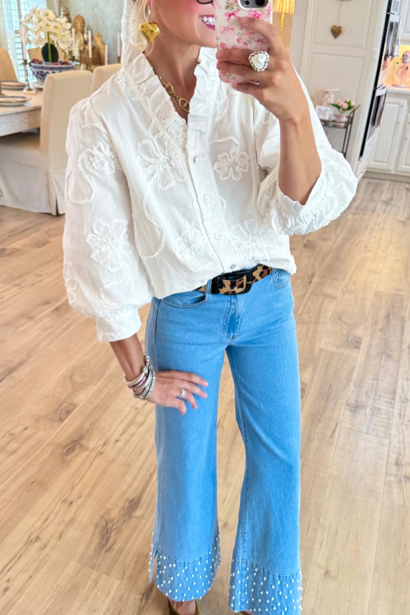 White Button-Down 3D Blouse