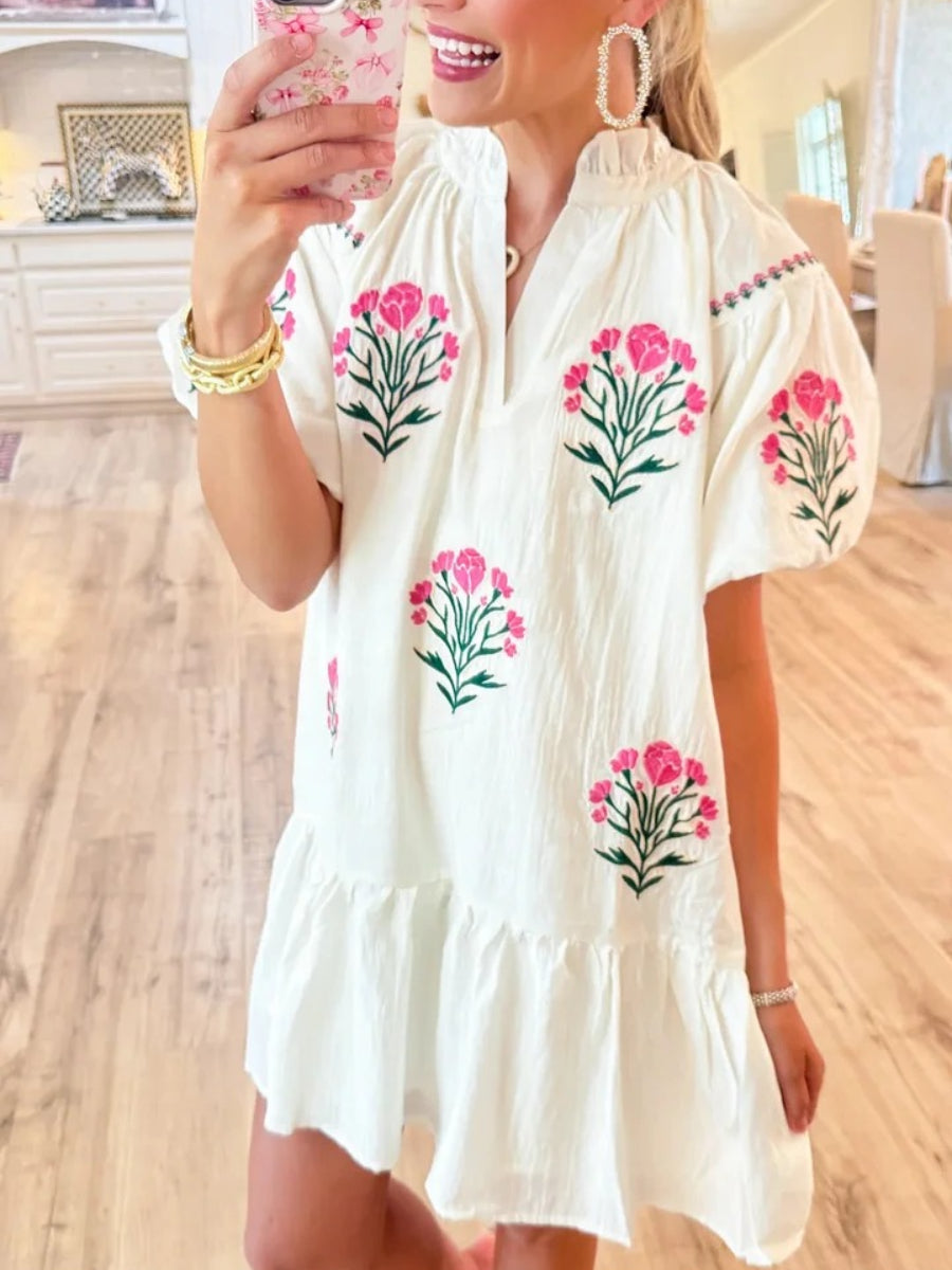 Cream Floral Bubble Sleeve Dress