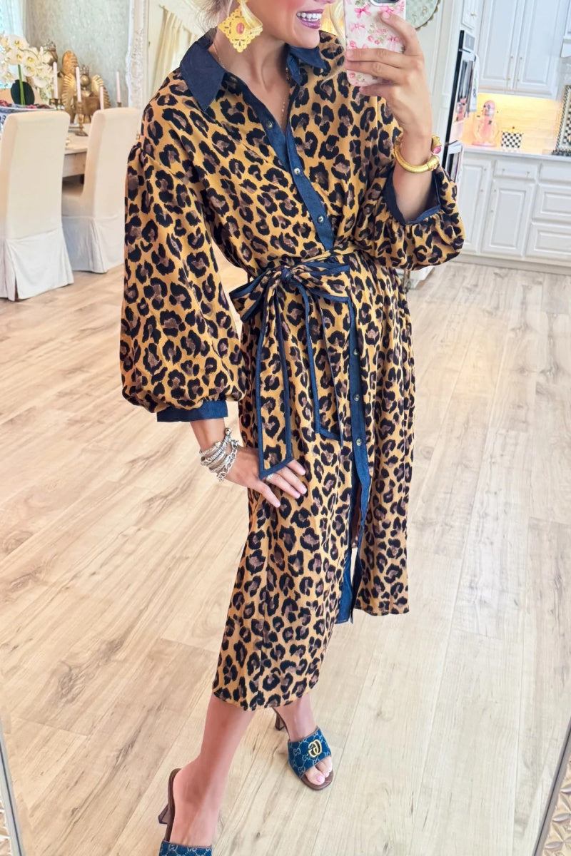 Leopard Contrast Button Down Midi Dress