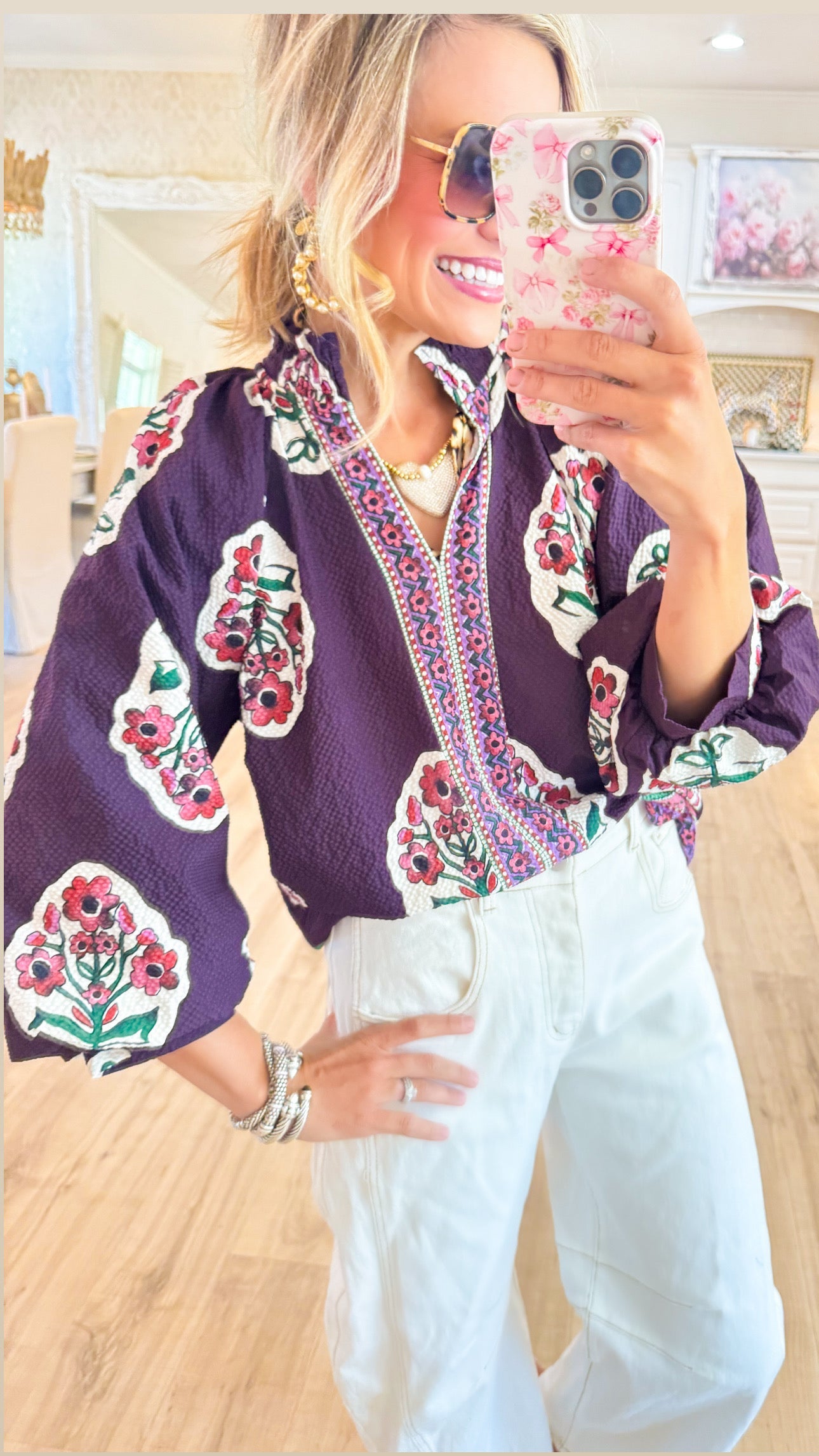 Plum Boho Floral Print Tunic Top