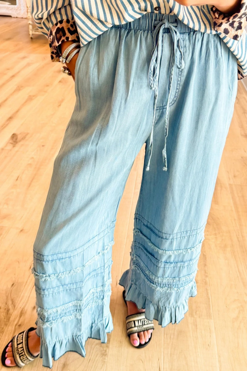 Light Denim Ruffle Hem Pants