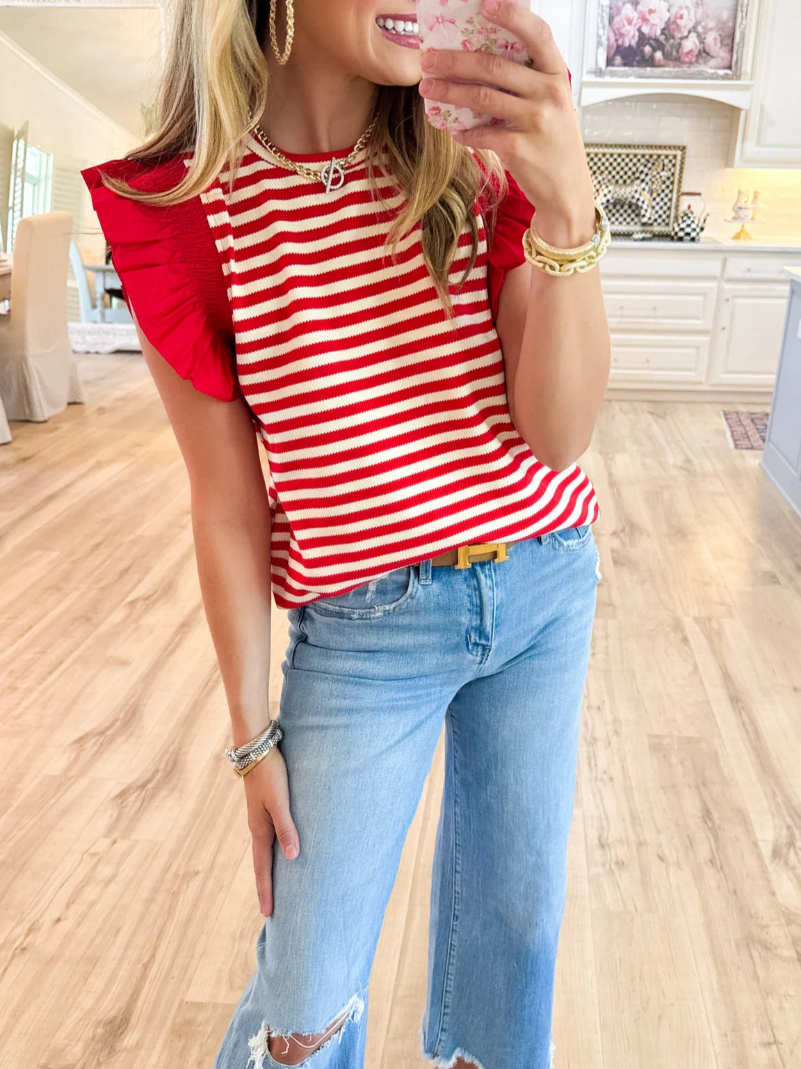Red Stripe Ruffle Sleeve Top
