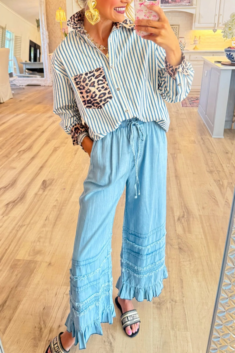 Light Denim Ruffle Hem Pants