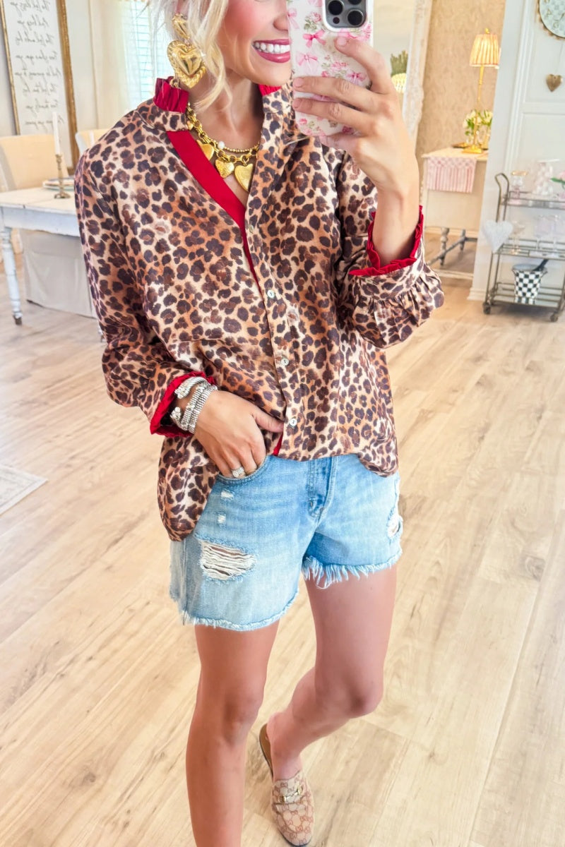 Leopard and Red Contrast Button Up Top