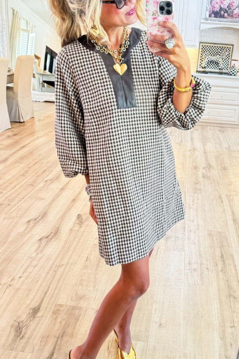 Brown Houndstooth Balloon Sleeve Dress