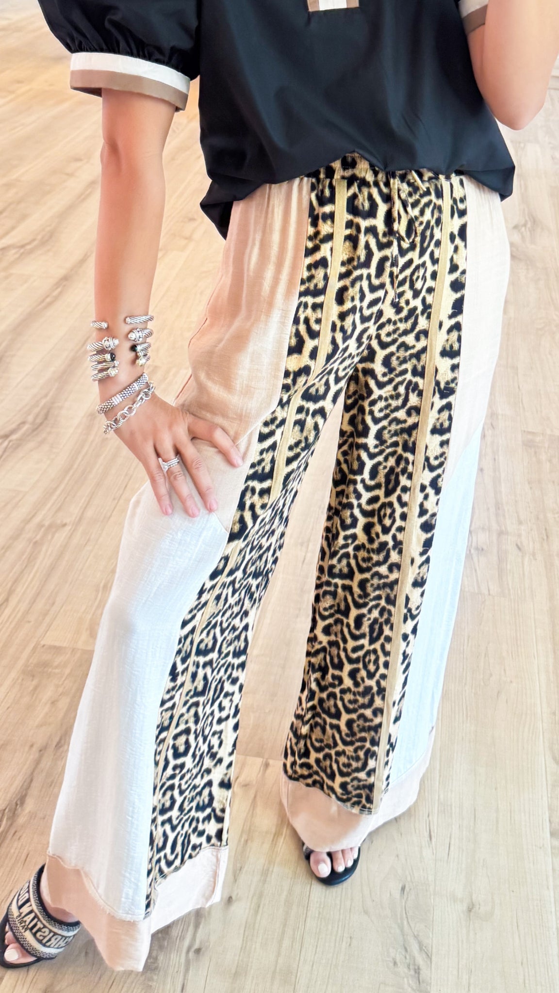 Leopard Color Block Print Wide Leg Pants