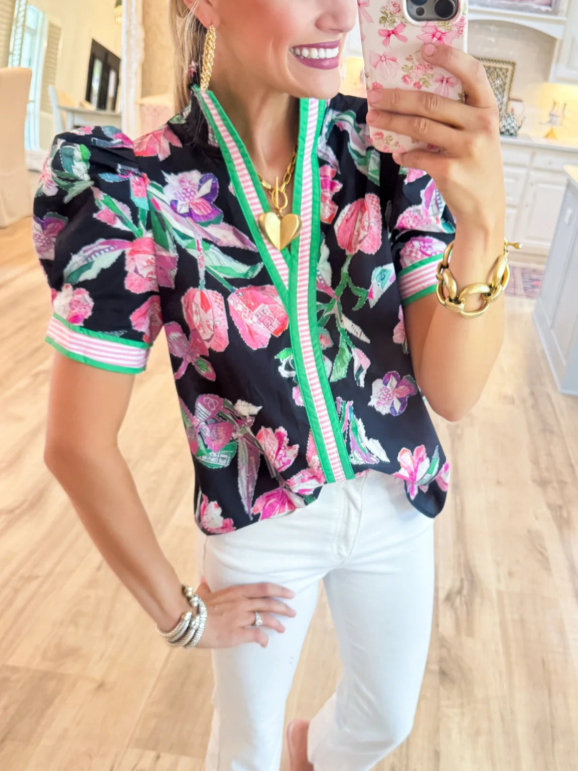 Black Floral Printed Puff Sleeve Top