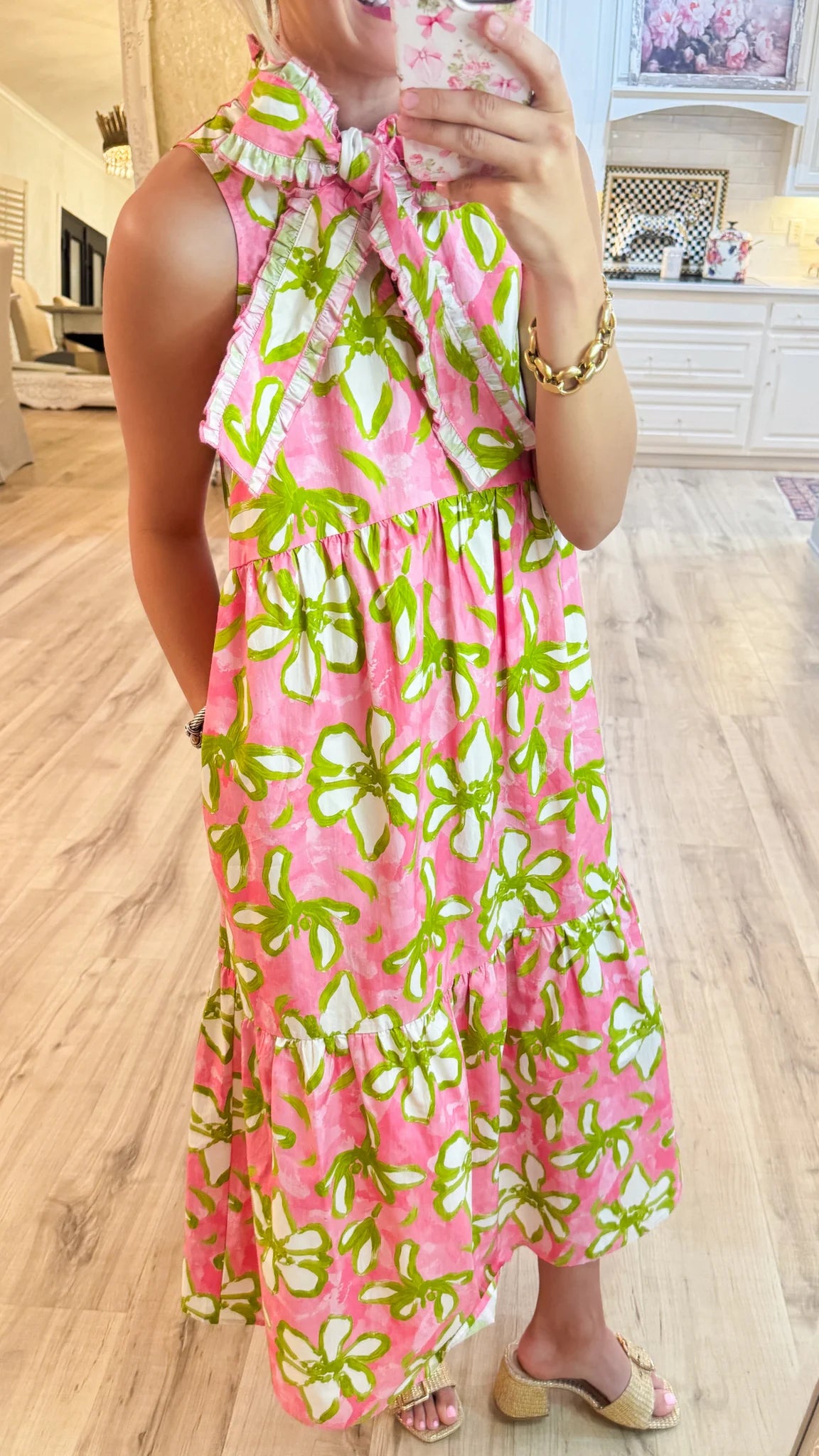 Pink Flower Print Midi Dress