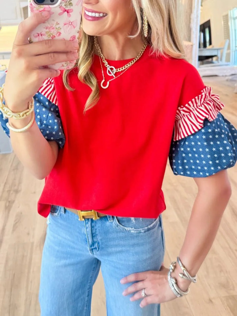 Red Accented Puff Sleeve Top