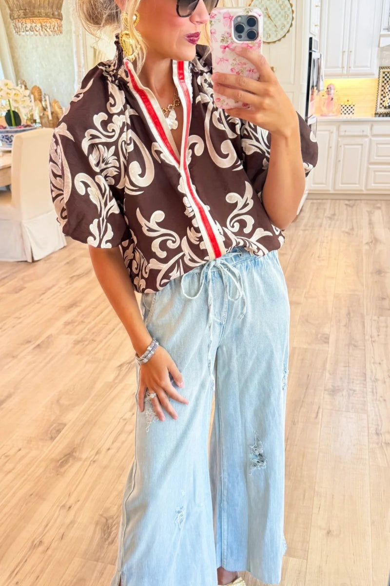 Brown Puff Sleeve Print Detail Top