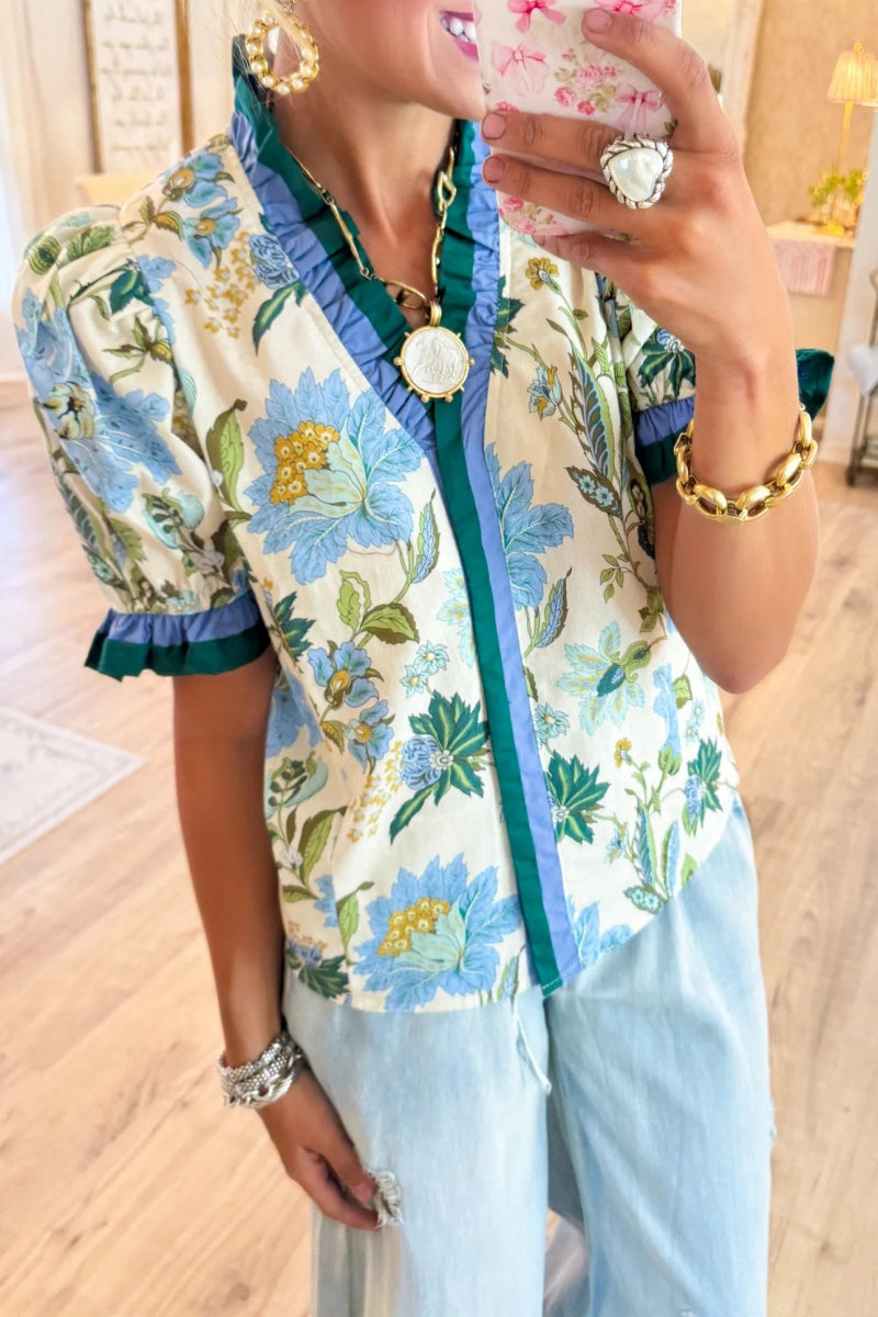 Ecru Floral Print Ruffle Puff Sleeve Top