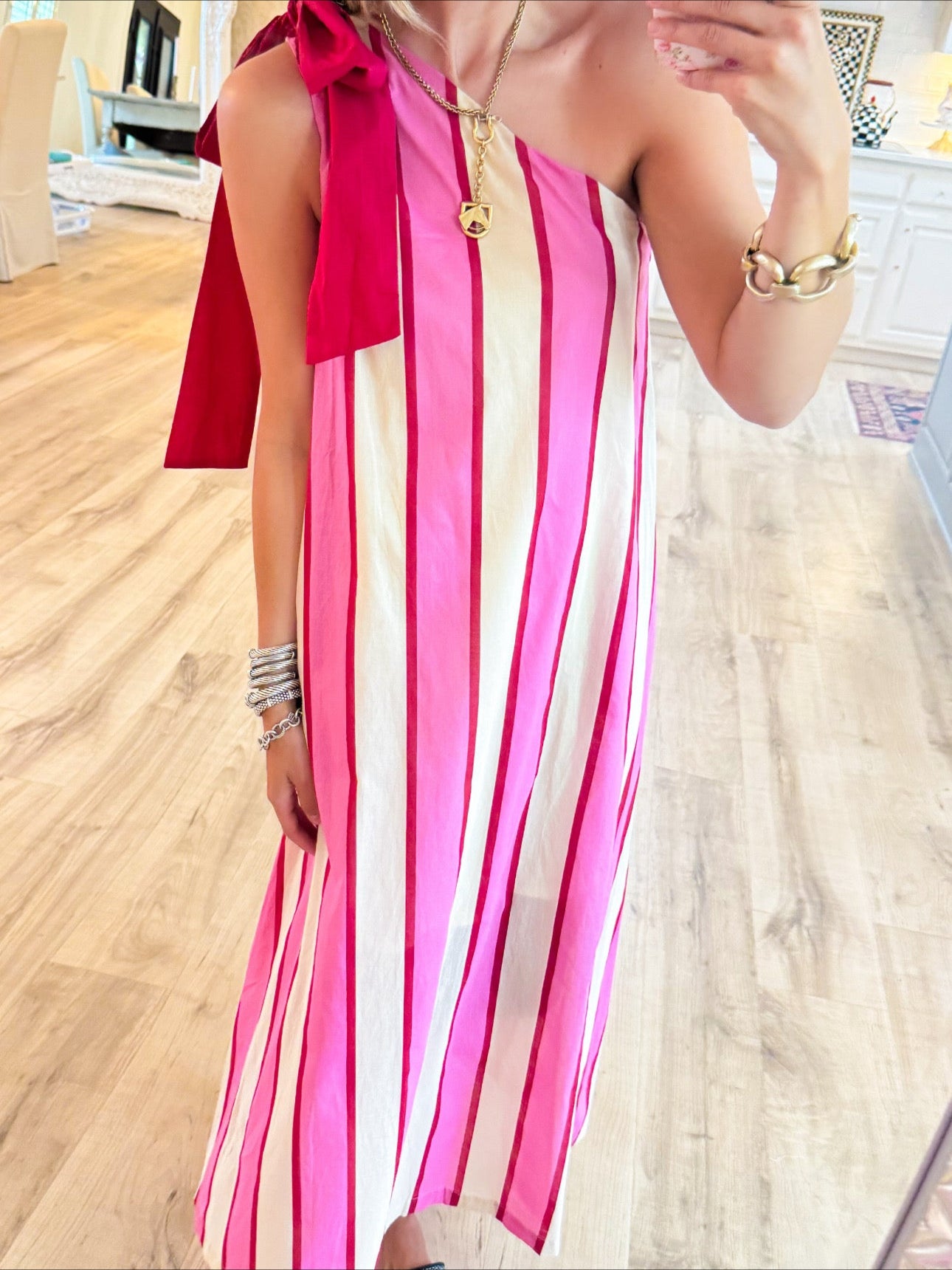 Cream and Pink Stripe Shoulder Tie Maxi Dress