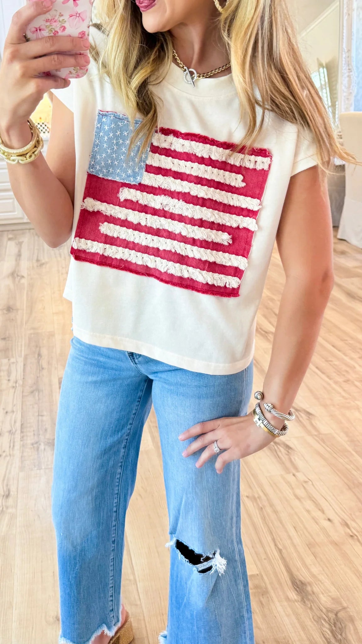 Cream American Flag Short Sleeve Top