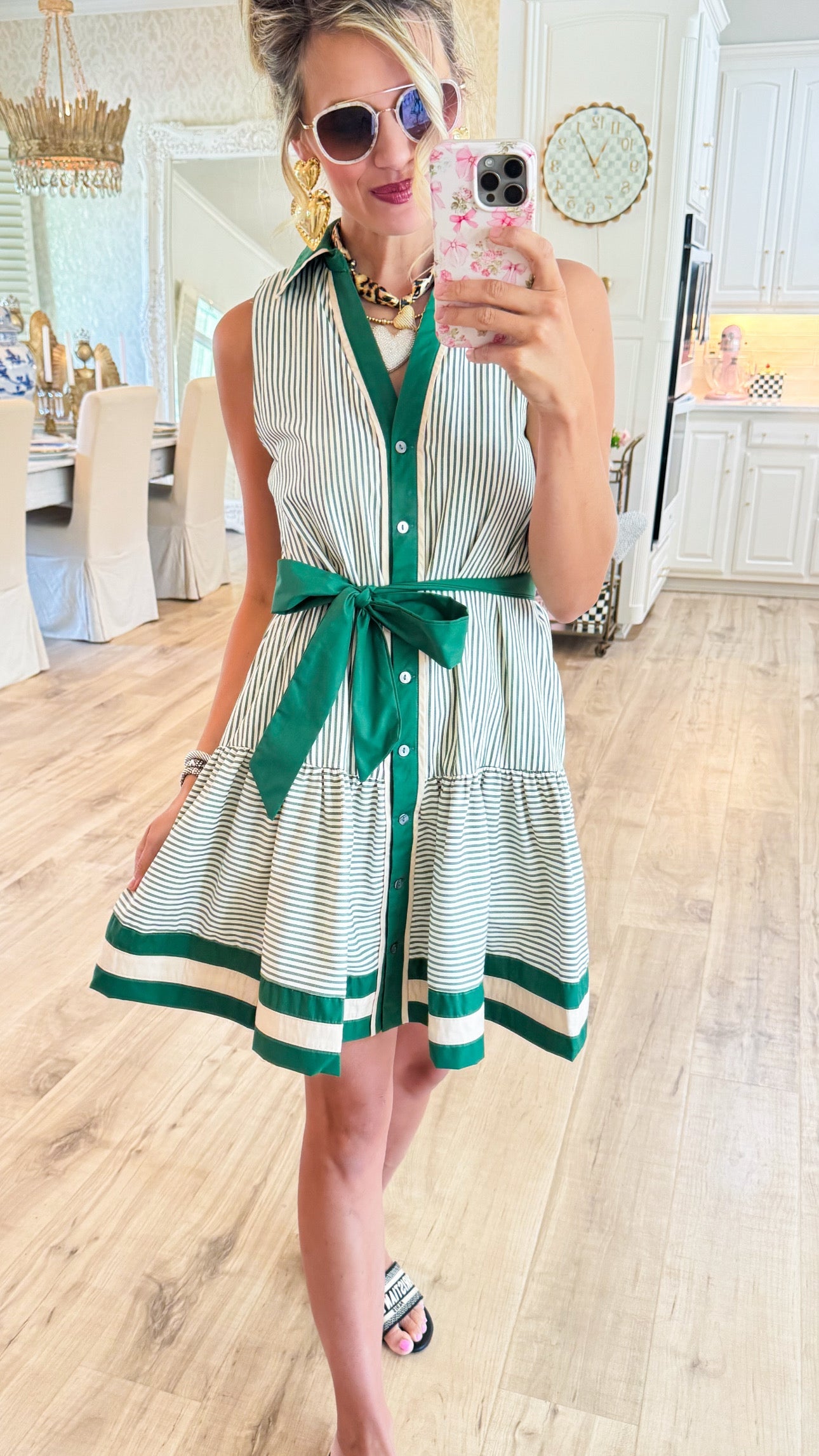 Green Stripe Button Up Sleeveless Dress