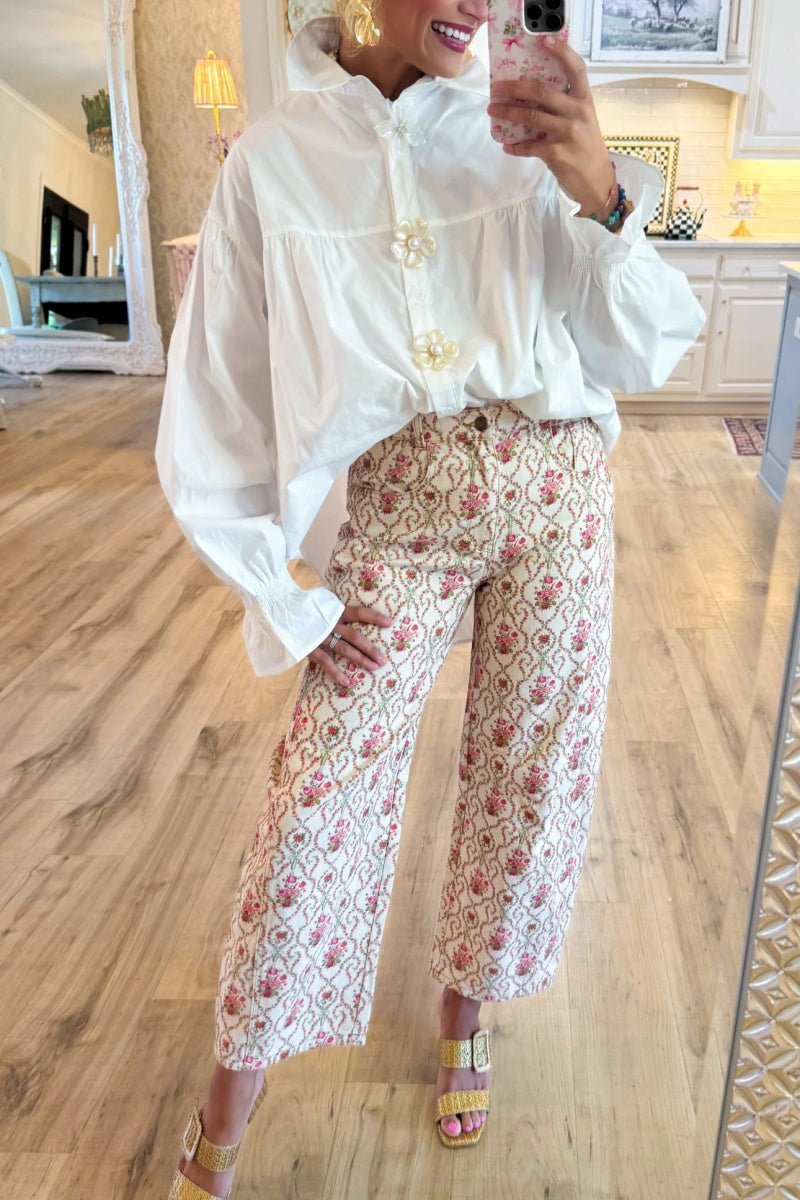 White Pearl Flower Button Down Top+Barrel Pants