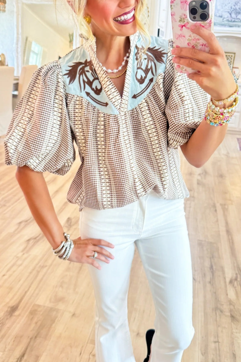 Brown Gingham Horse Embroidered Top