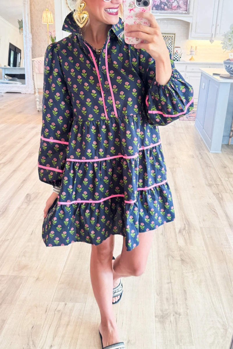 Black and Pink Flower Printed Long Sleeve Mini Dress