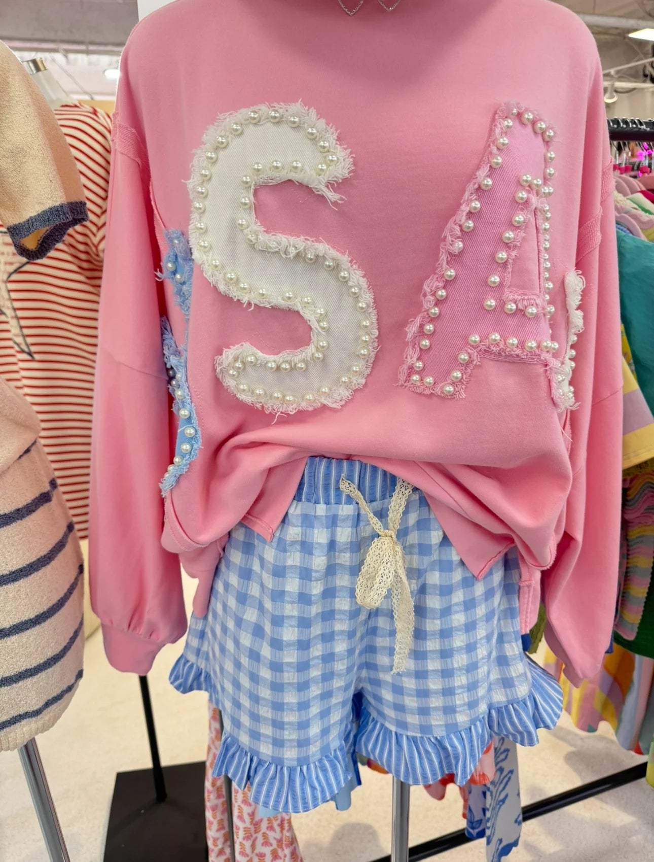 Pink USA Patch Pearl Pullover Top