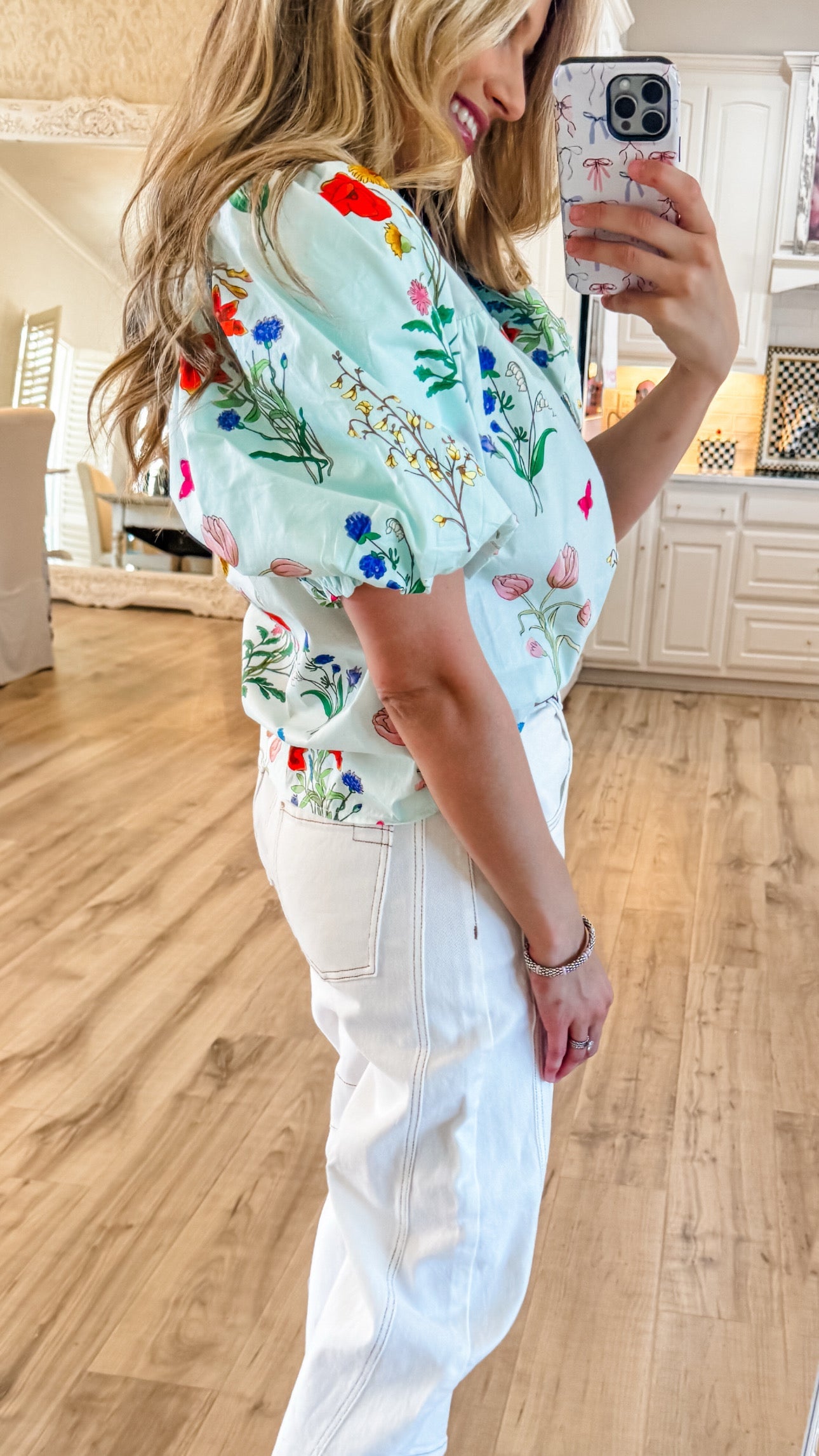 THML Light Blue Floral Puff Sleeve Top