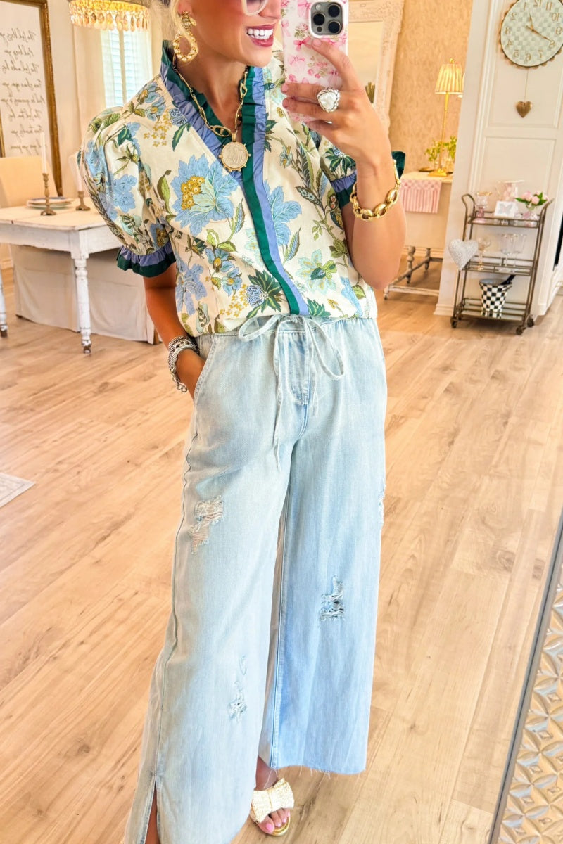 Ecru Floral Print Ruffle Puff Sleeve Top