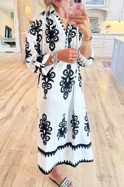 Black and Cream Abstract Print Midi Dress