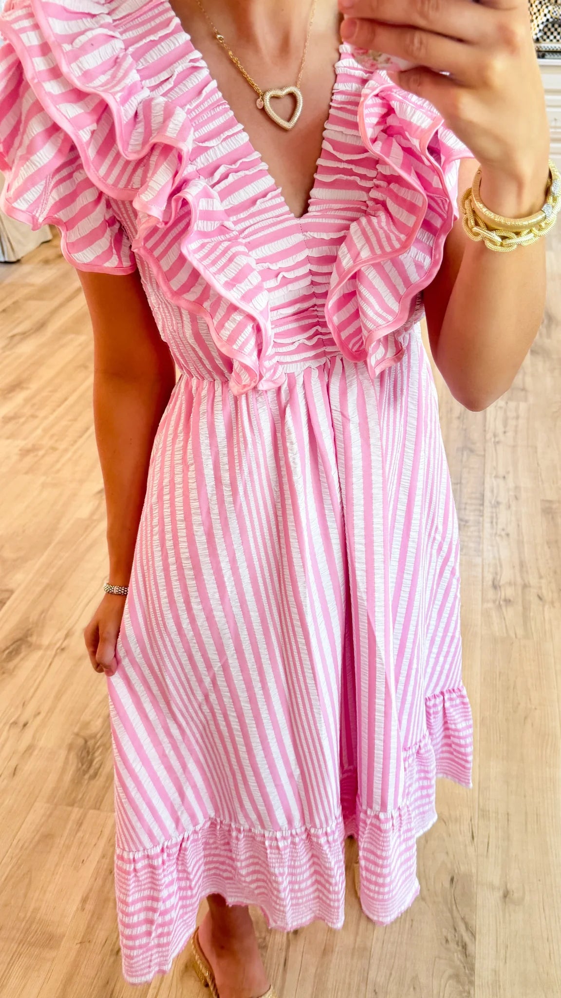 Pink Striped Ruffle Maxi Dress