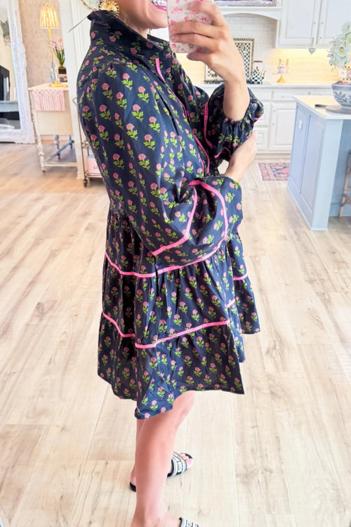 Black and Pink Flower Printed Long Sleeve Mini Dress