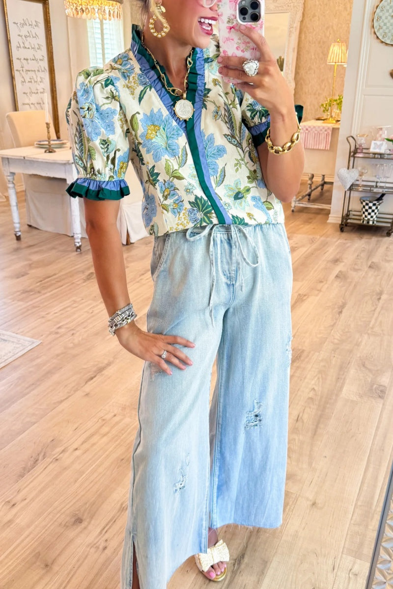 Ecru Floral Print Ruffle Puff Sleeve Top