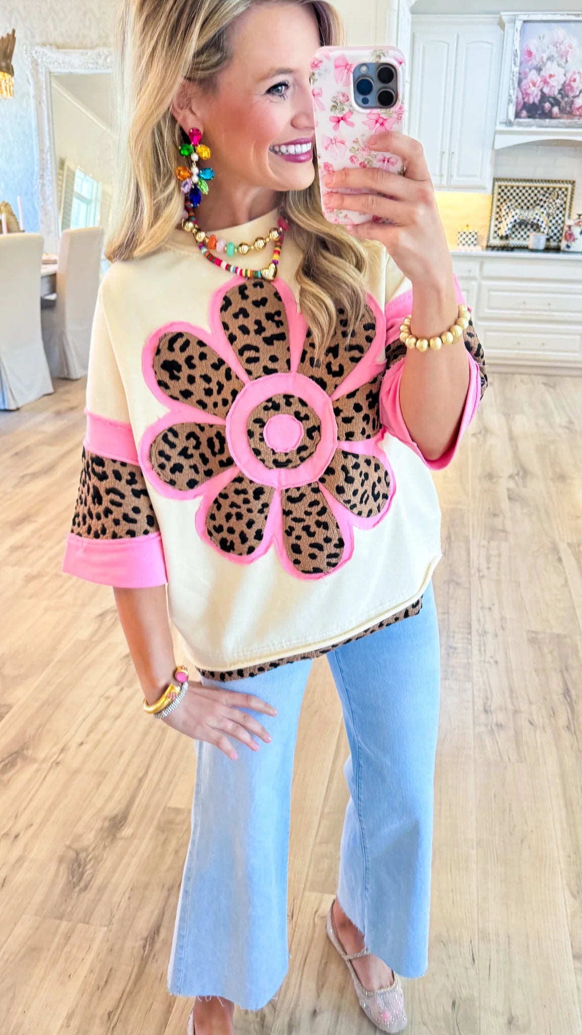 Ivory and Pink Leopard Flower Top