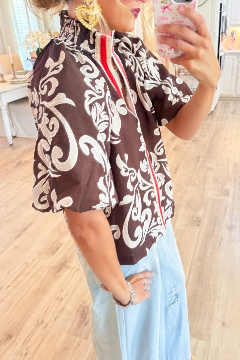 Brown Puff Sleeve Print Detail Top
